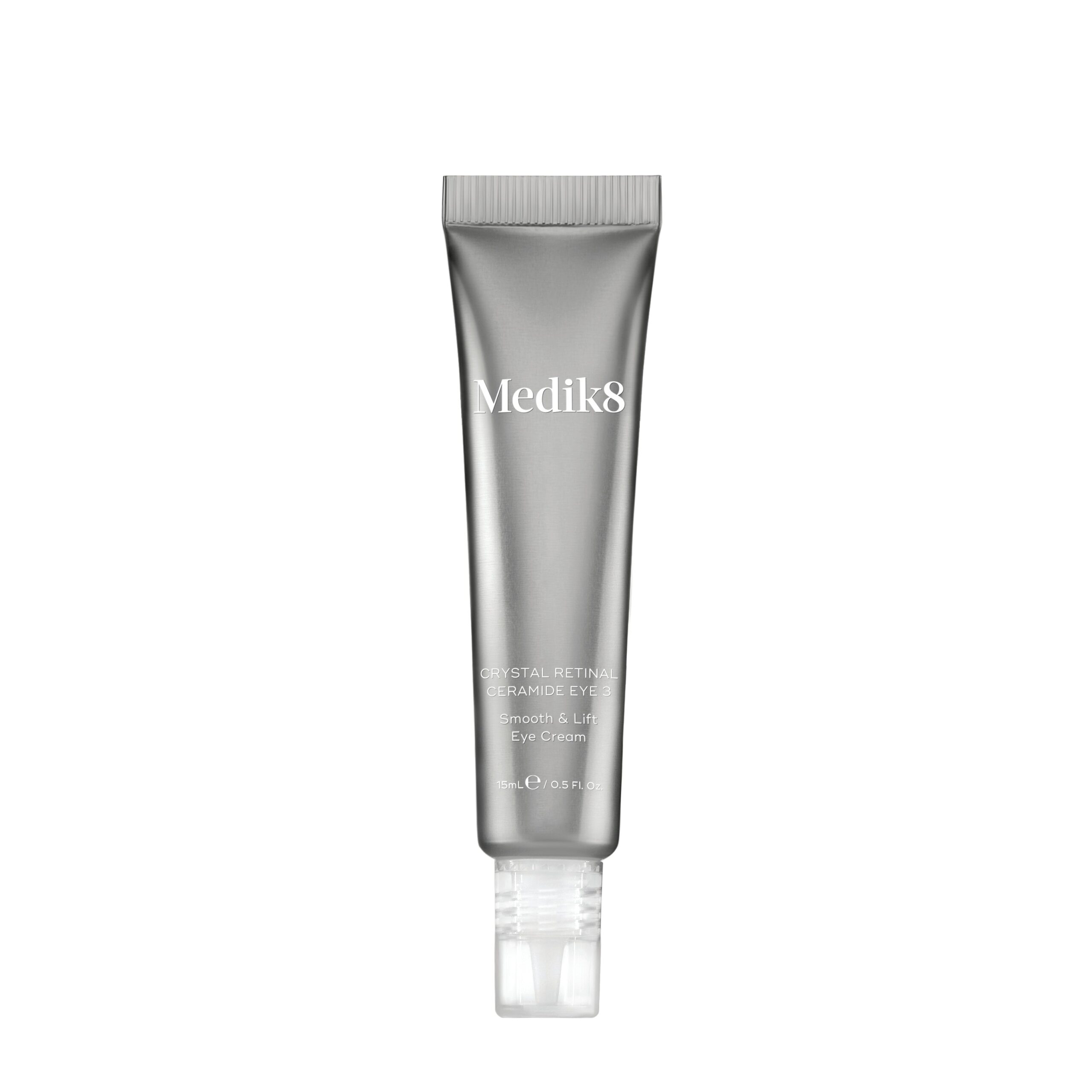 Medik8 Crystal Retinal Ceramide Eye Cream in silver tube.