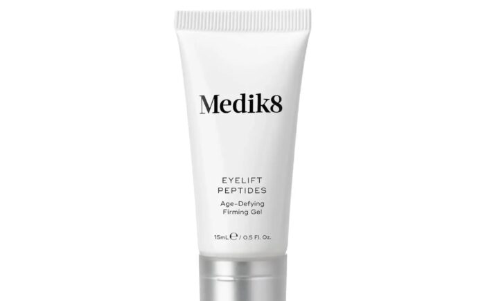 White Medik8 Eyelift Peptides age-defying firming gel bottle.