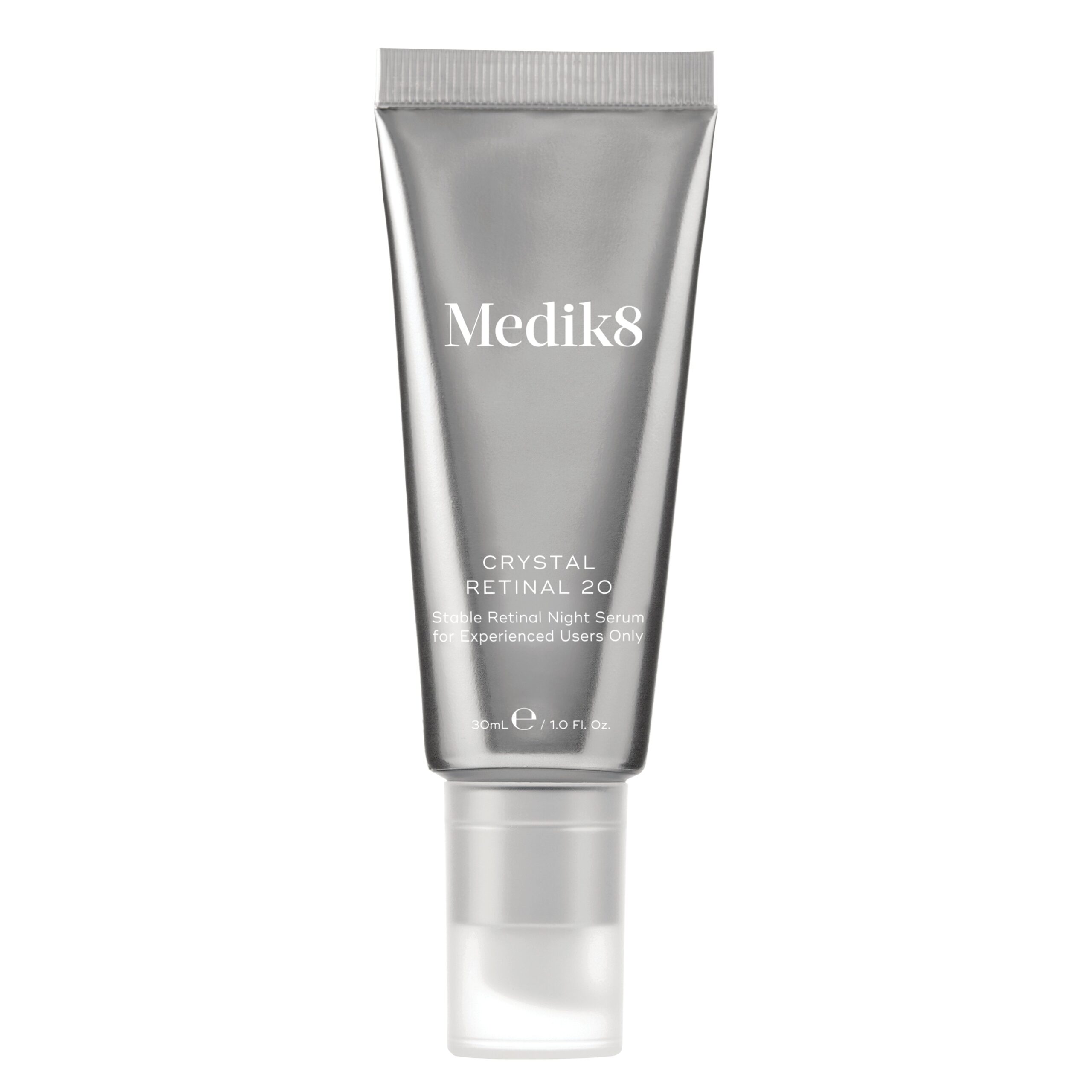Medik8 Crystal Retinal 20 night serum in silver packaging.
