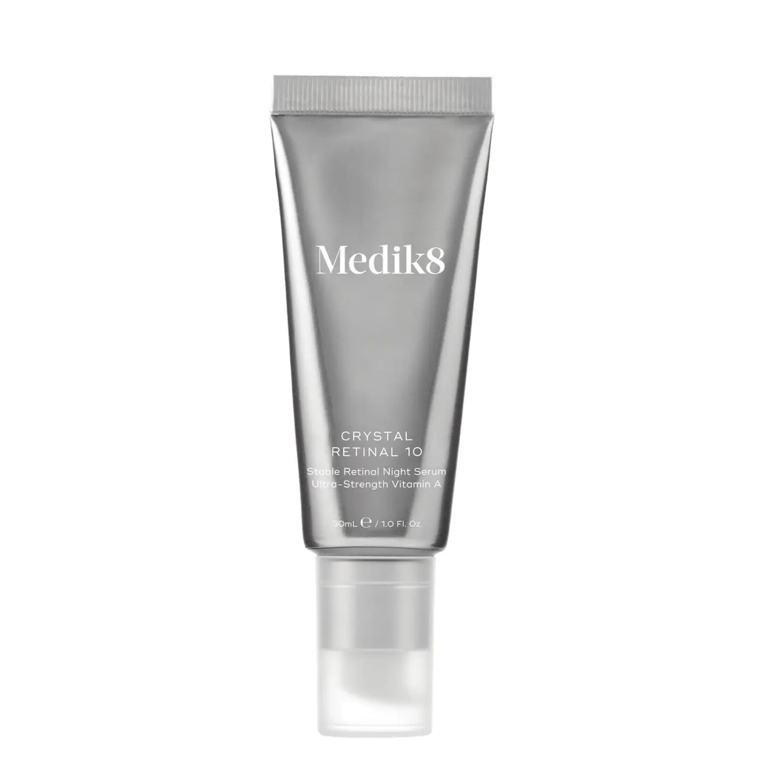 Medik8 Crystal Retinal 10 night serum in silver tube.