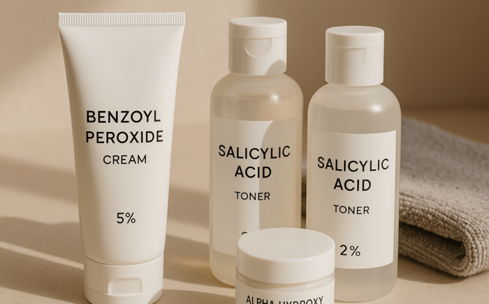 Acne treatments on minimalist bathroom counter