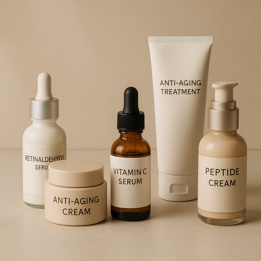 A serene bathroom with a minimalist skincare setup featuring anti-aging products on a beige countertop, softly lit with natural light.