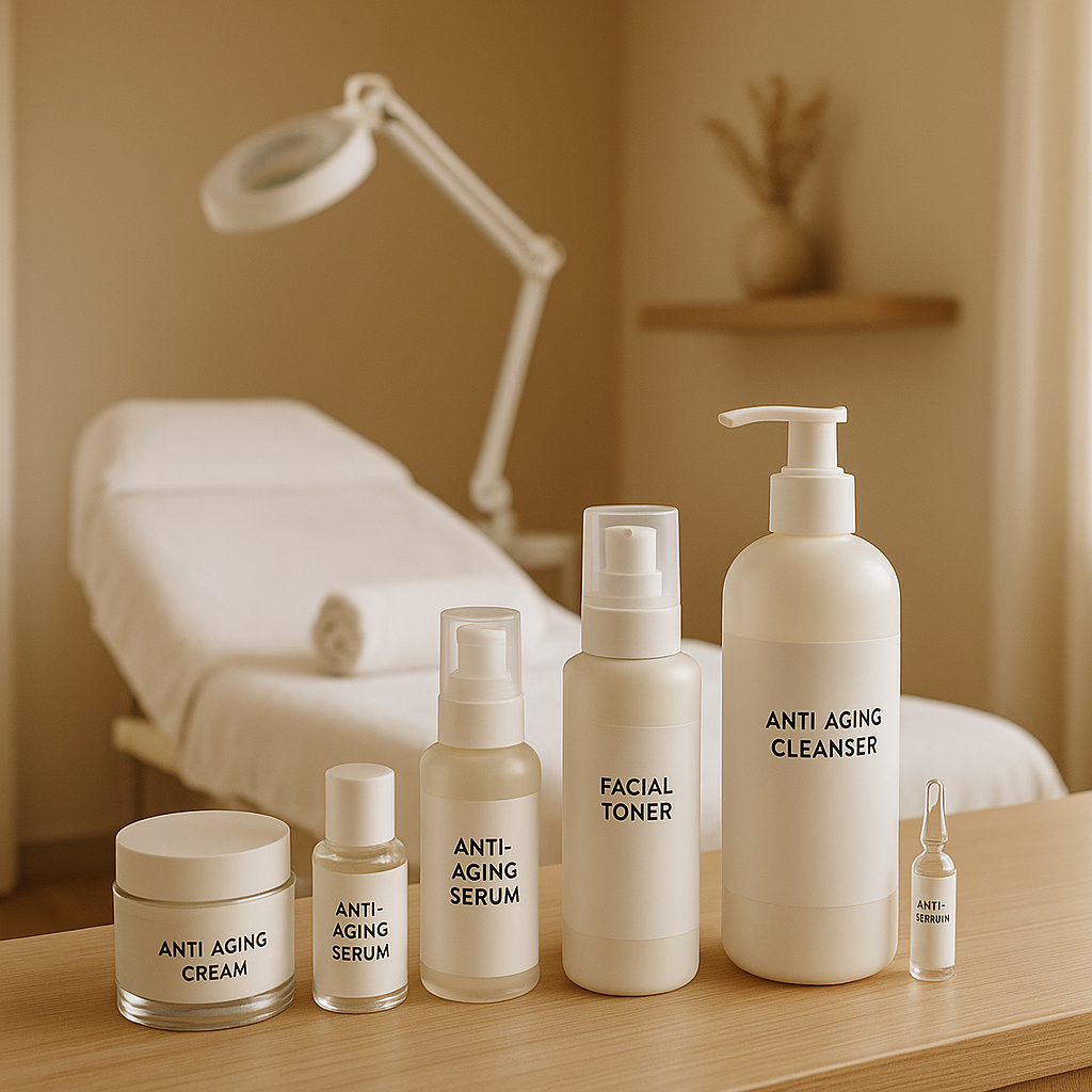 Professional skincare consultation setting with beauty consultant demonstrating anti-aging treatment to a client in a serene, modern clinic with a soft beige and grey color palette.