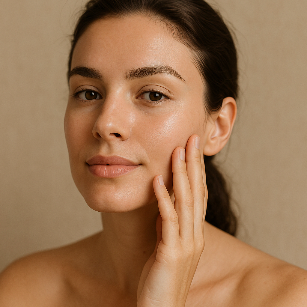 A bathroom counter with over-the-counter acne treatments, including benzoyl peroxide cream, salicylic acid toner, and an alpha hydroxy face mask, all in minimalist packaging, with a soothing, naturally lit, neutral-toned background.
