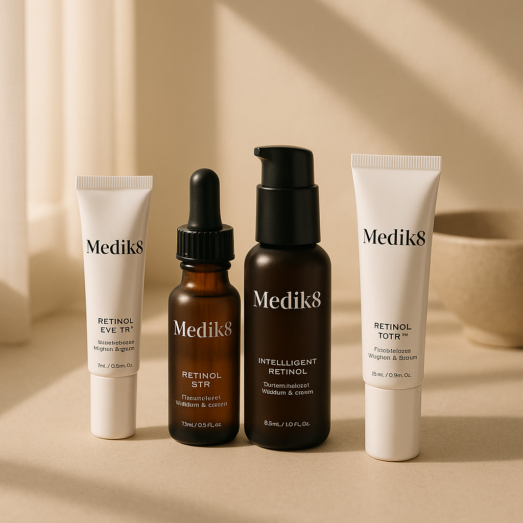 A modern skincare clinic with a calm ambiance, featuring a beige wall, soft natural lighting, and a sleek counter displaying O Cosmedics and Medik8 products.