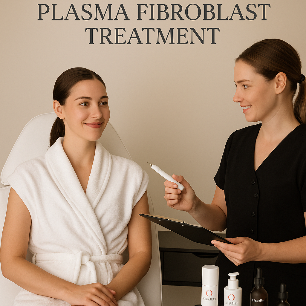 A serene treatment room at Bare Skin and Beauty, with an aesthetician using a Plasma Fibroblast device on a client's forehead amidst a calming, neutral-toned environment.