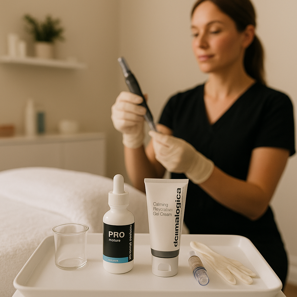 A beauty clinic in Perth, with a treatment chair and Dermalogica skincare products.