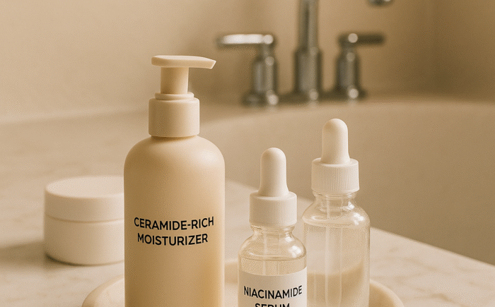 Skincare products on marble vanity