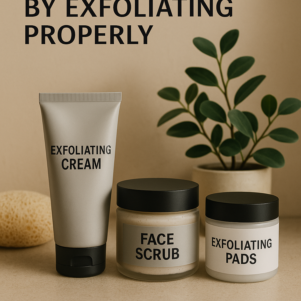 Collection of skincare exfoliation products on a sleek black tray with gentle exfoliating cleanser, facial scrub, and soothing toner in minimalist packaging, set on a beige surface with soft, natural lighting.