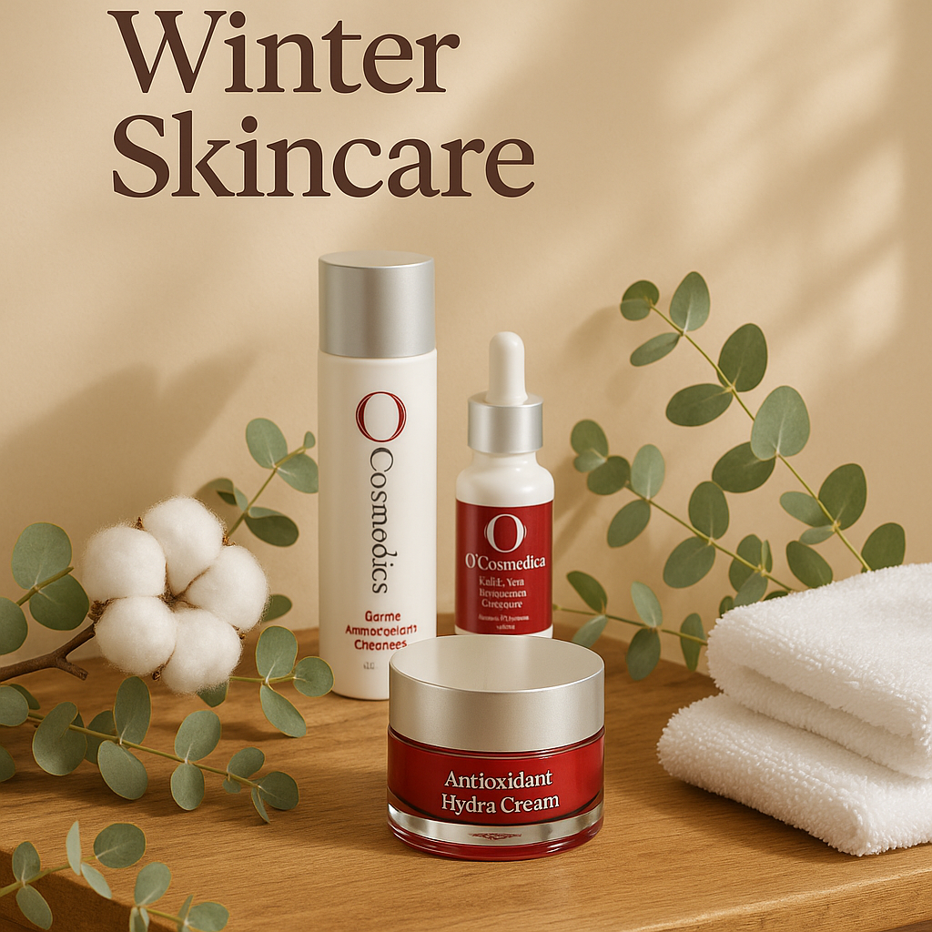 Winter skincare essentials by O Cosmedics and Medik8 on a beige background with eucalyptus leaves.
