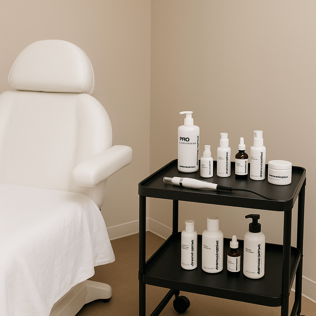 A serene skincare treatment room with a tray displaying Dermalogica microneedling tools and products, while a specialist prepares the microneedling device in the background.