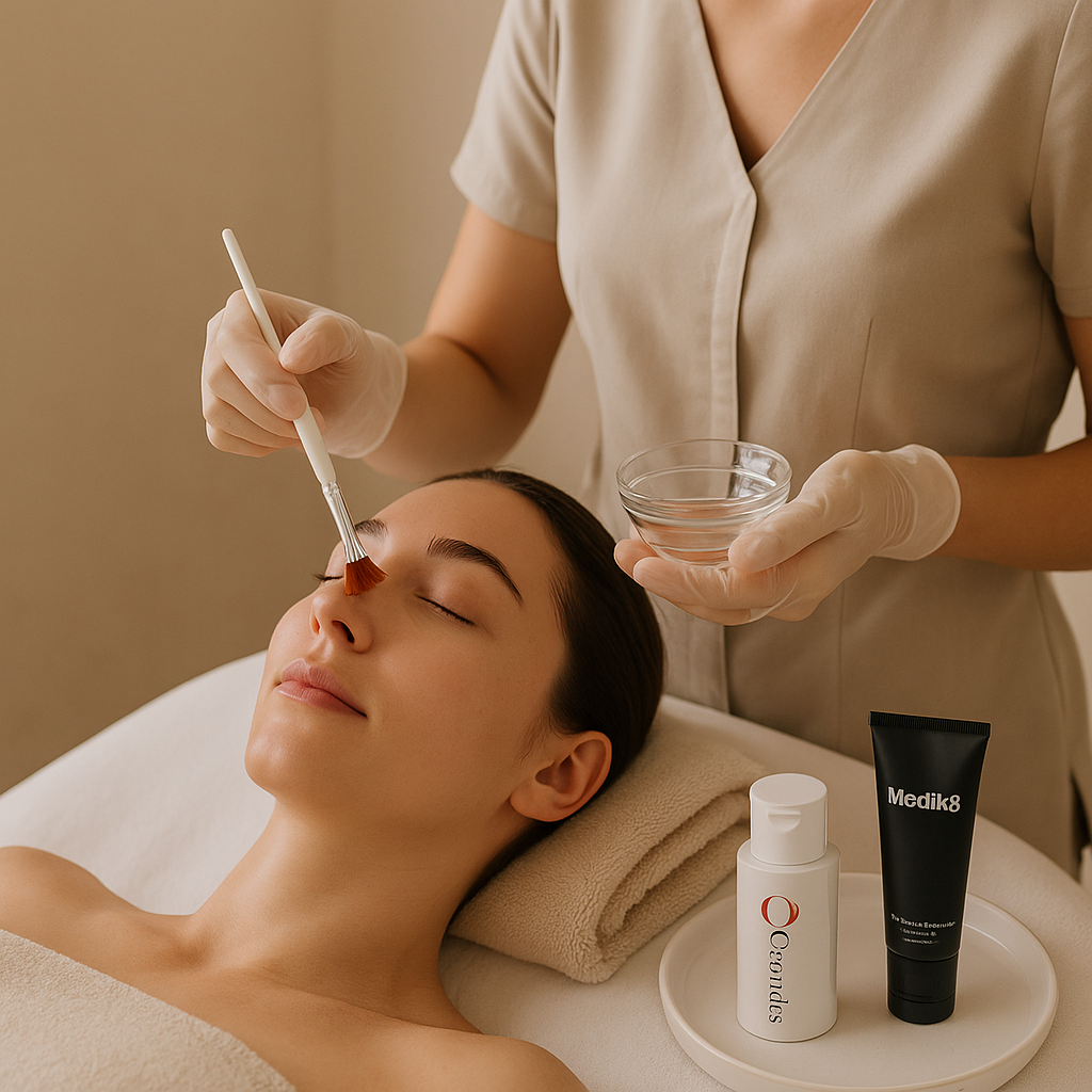 A serene skincare clinic setting with a specialist applying a chemical peel to a client, featuring skincare products on a table with a beige cloth.