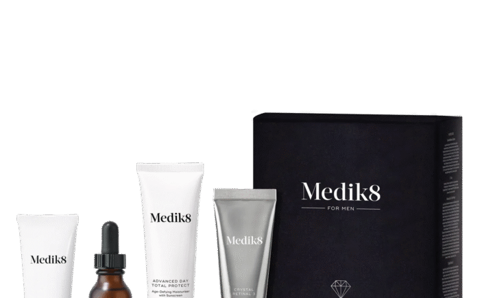 Medik8 men's skincare set with four products displayed.