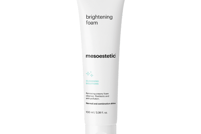 Brightening foam cleanser by Mesoestetic in white tube.