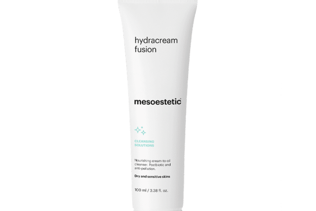 Mesoestetic Hydracream Fusion skincare product in white tube.