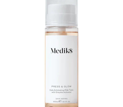 Medik8 Press & Glow exfoliating tonic bottle, 200ml size.