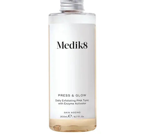 Medik8 Press & Glow exfoliating PHA tonic bottle displayed.