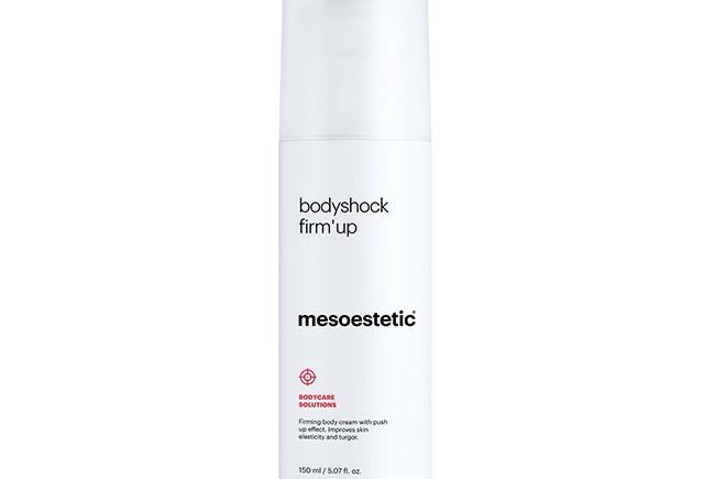 Mesoestetic Bodyshock Firm’Up body cream white bottle.