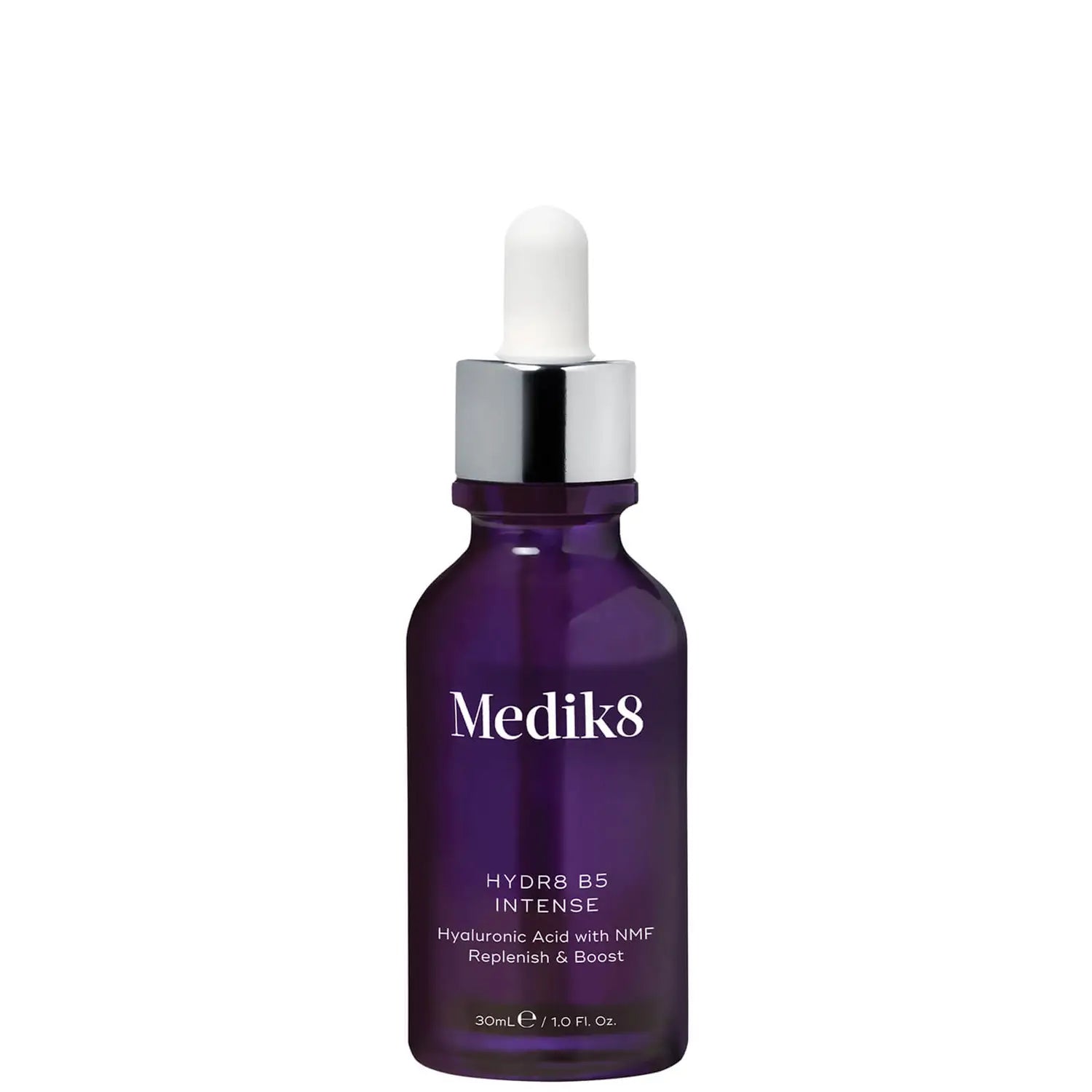 Purple Medik8 Hydr8 B5 Intense serum bottle, dropper cap.