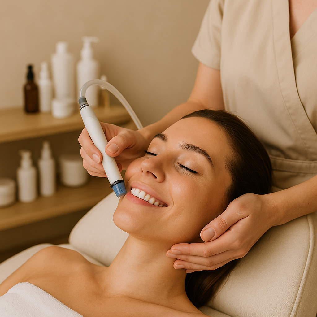 Luxurious spa treatment room with a professional esthetician preparing skincare products, crisp white treatment bed, and eucalyptus leaves, creating a serene and inviting ambiance.