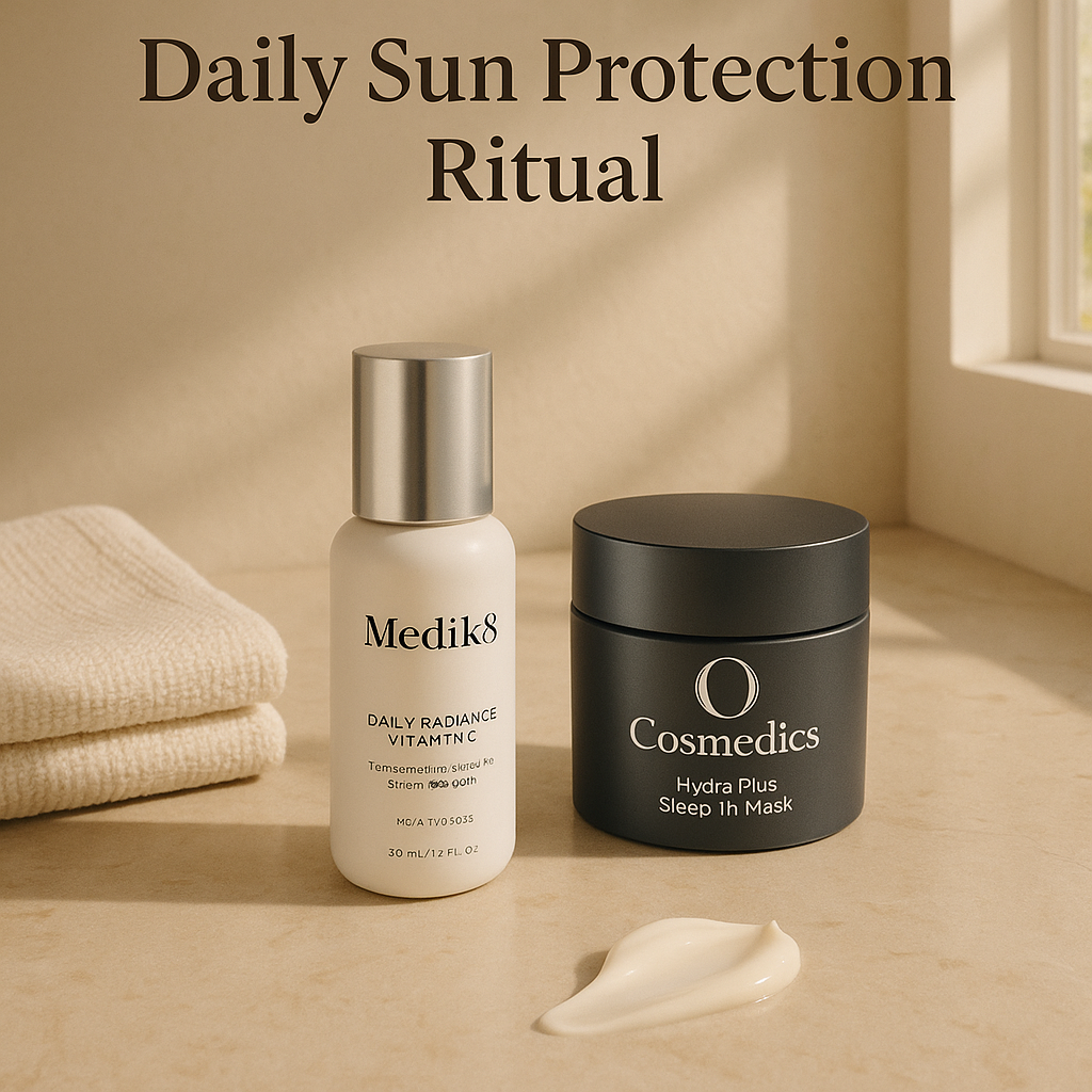 Sunlit skincare clinic treatment room with O Cosmedics and Medik8 products on display, emphasizing sun care routines.
