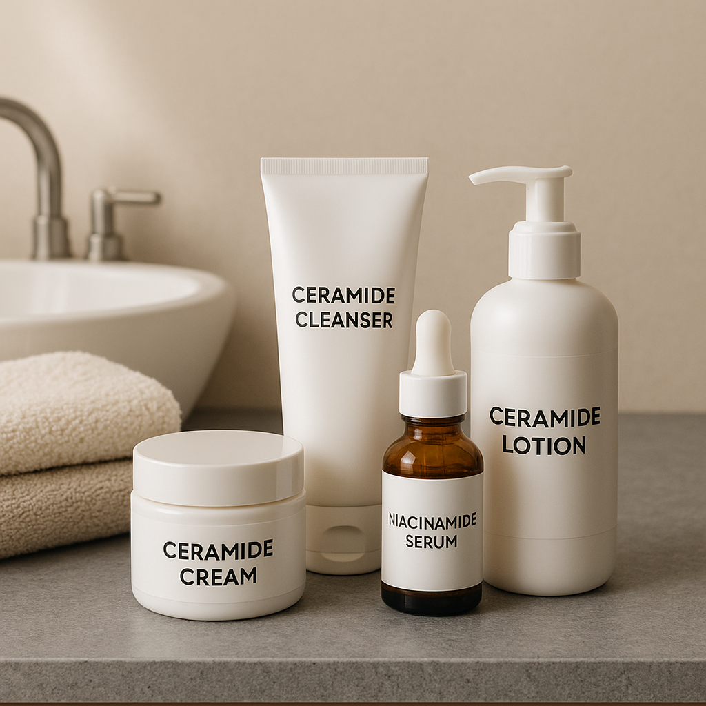 Alt text: Close-up of skincare products, including a
