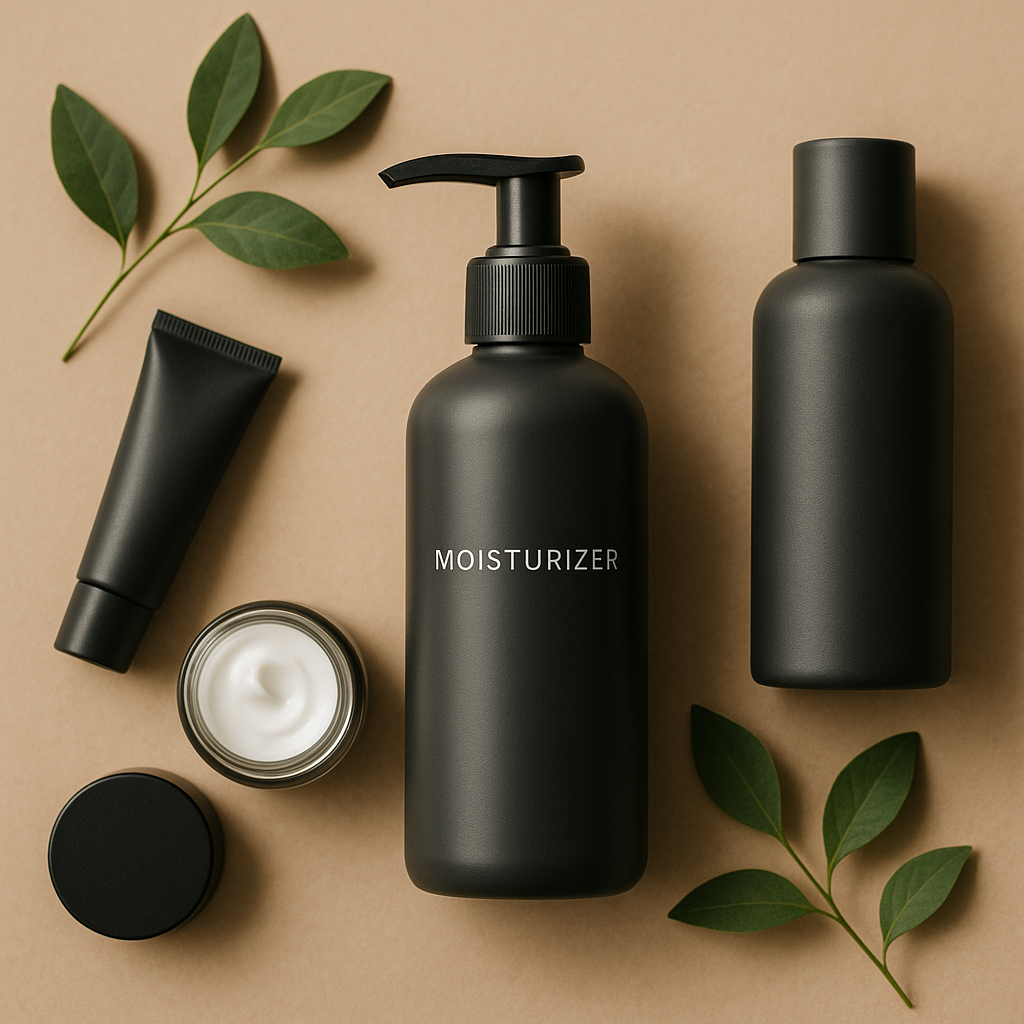 A minimalistic skincare setup featuring a serum bottle, cream jar, and lotion pump on a beige counter with neutral towels and a potted plant in the background.