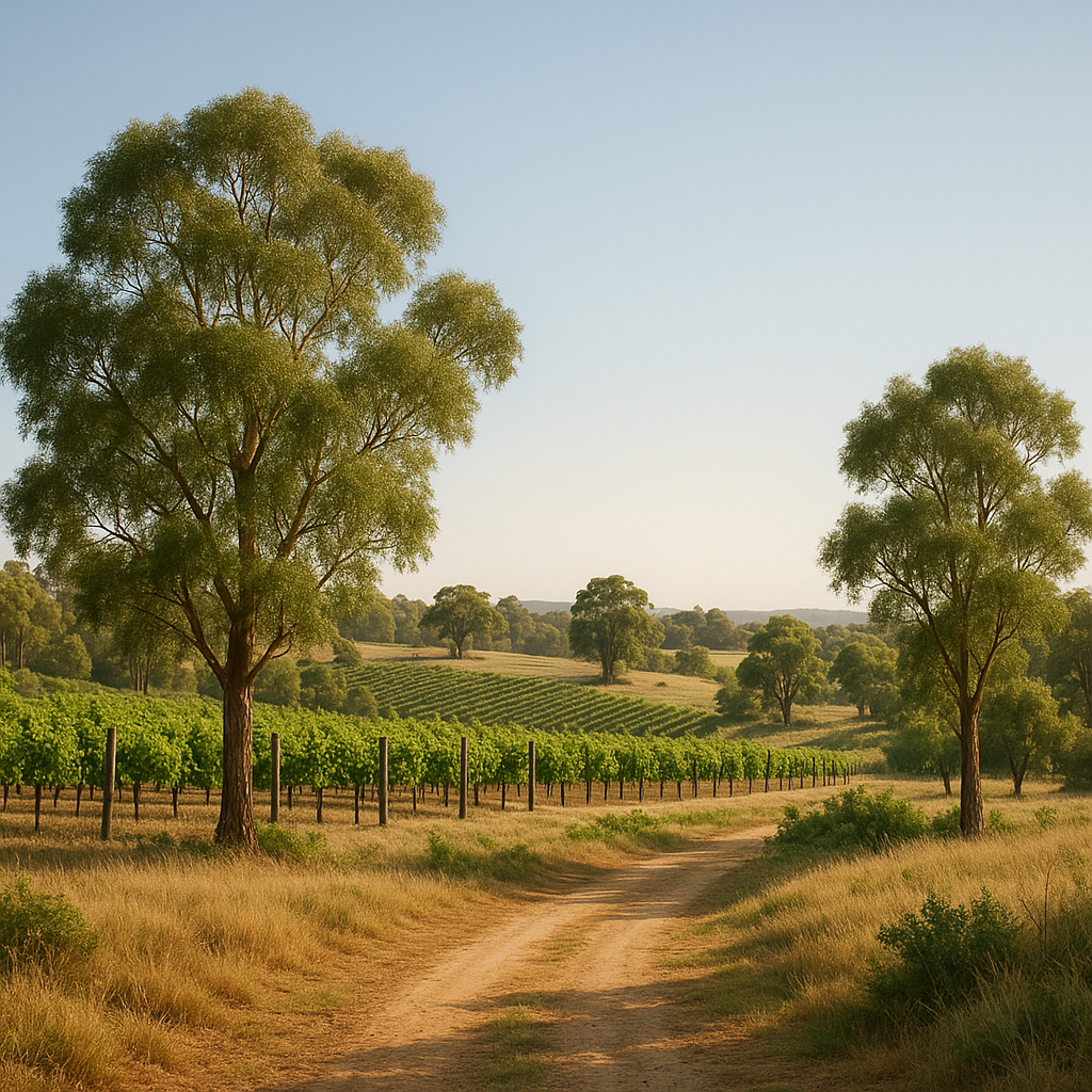 Serene landscape of Perth and Aveley under a sunny Mediterranean climate, with a flat lay display of skincare products featuring natural ingredients on a beige background.