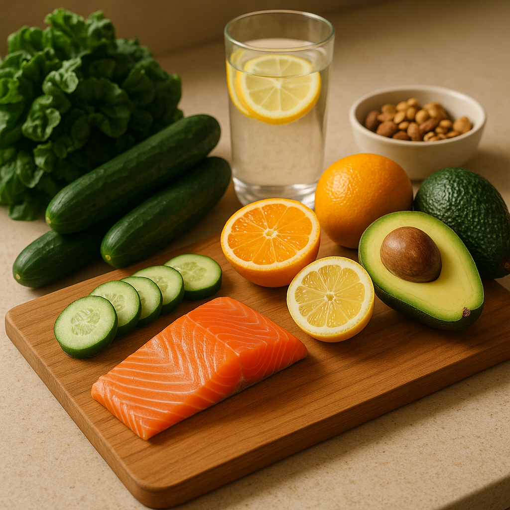 A person enjoys a glass of water accompanied by hydrating foods like cucumbers, watermelon, and citrus fruits on a table with a soft beige backdrop, illustrating the link between a balanced diet and skin wellness.