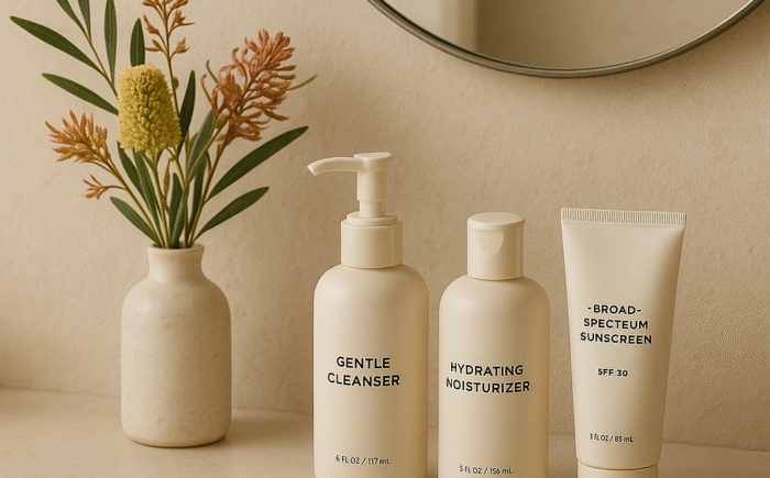 Minimalist bathroom vanity skincare setup