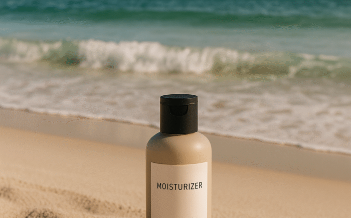 Moisturising skincare beach scene