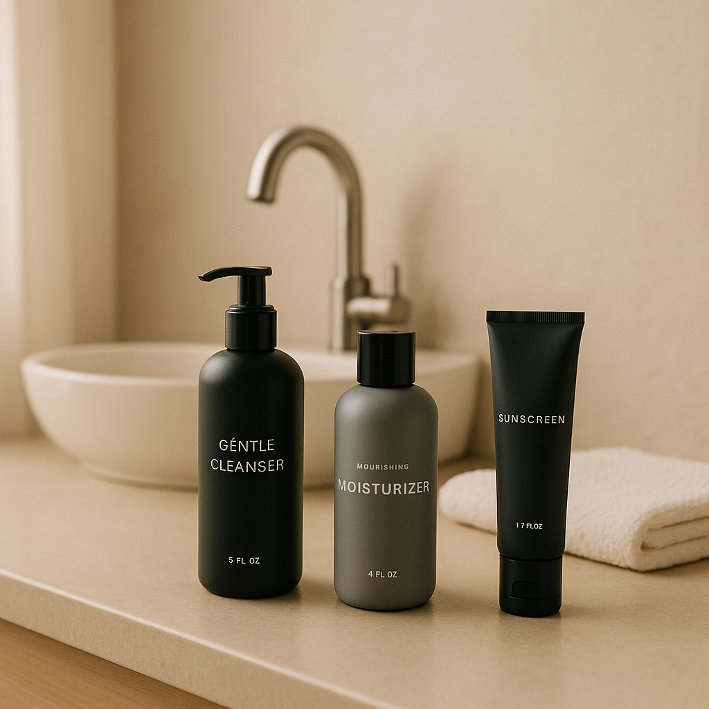 A serene beauty environment with skincare products arranged on a vanity table against beige-colored walls.