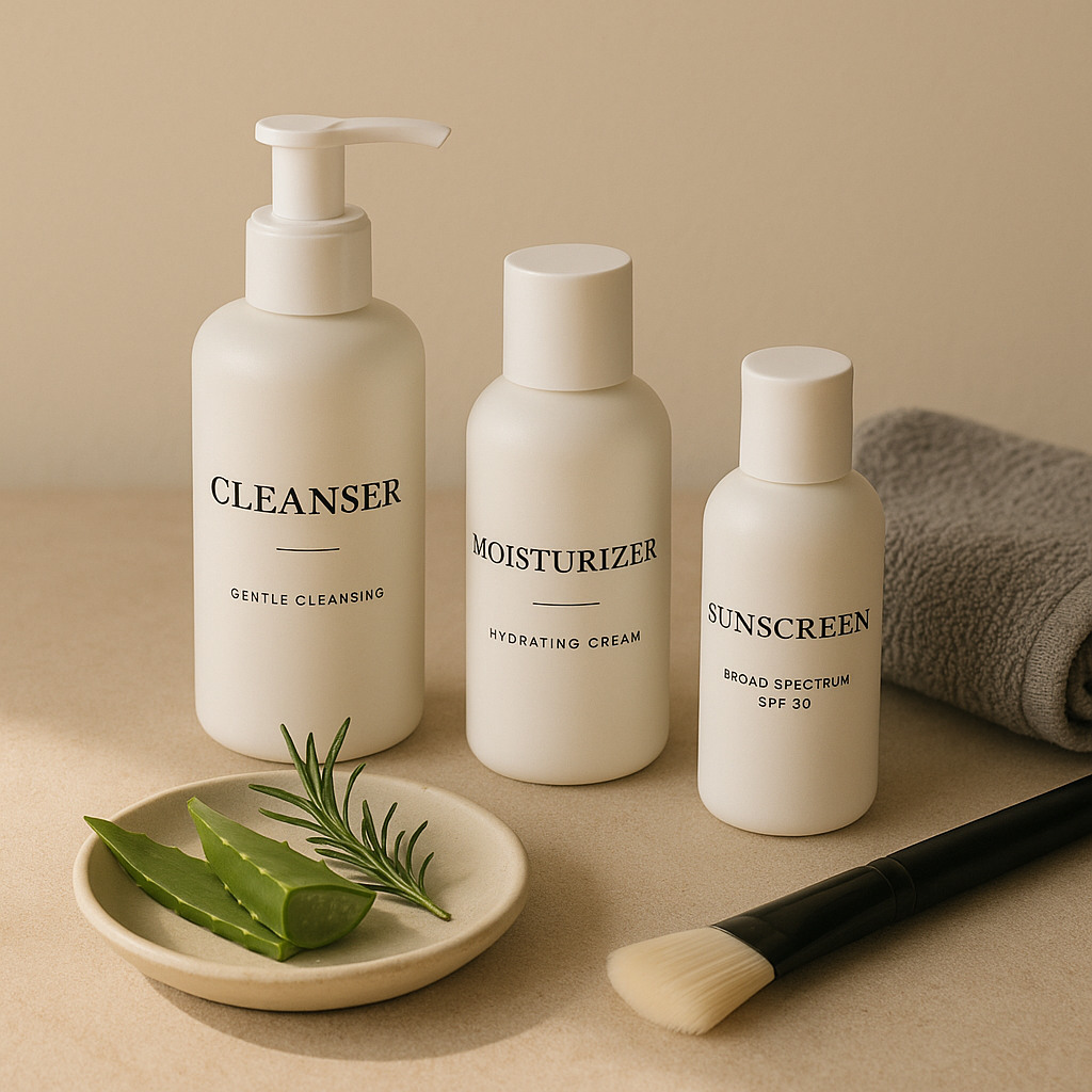 Alt text: A serene and organized bathroom vanity showcasing a minimalistic skincare setup with products for mature and sensitive skin. The soft natural lighting highlights beige walls, with a gentle cleanser, hydrating moisturizer, and broad-spectrum sunscreen. A small vase of native wildflowers adds a hint of Swan Valley culture, creating an inviting and calming environment.