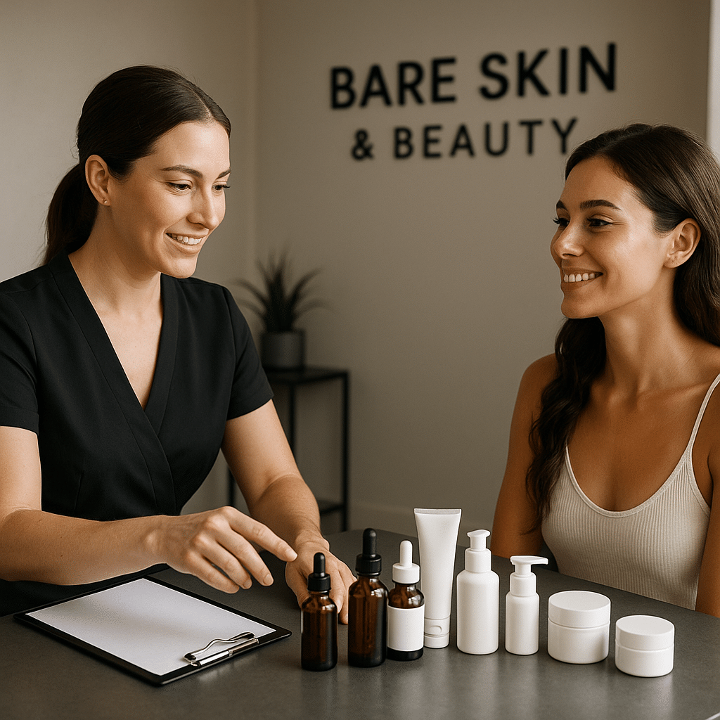 A high-resolution photo of diverse skincare products, including serums, cleansers, and moisturizers with ingredients like hyaluronic acid and glycolic acid, arranged on a beige vanity countertop.