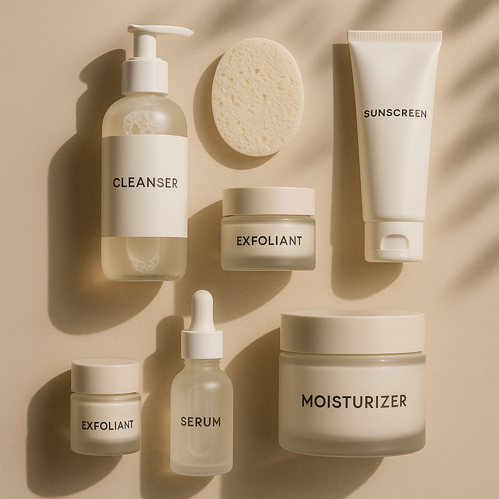 Close-up of a serene skincare consultation room with skincare product shelves, a consultant and client seated in dark grey chairs using imaging technology to analyze skin, in soft natural lighting.