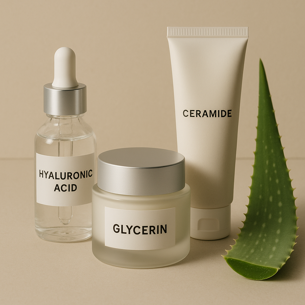 A skincare expert and client having a consultation in a softly lit clinic room, surrounded by hydrating skincare products on a table.