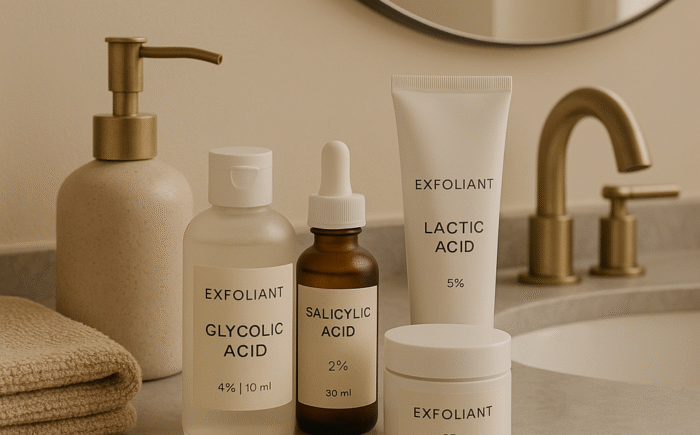 Vanity table with skincare exfoliants