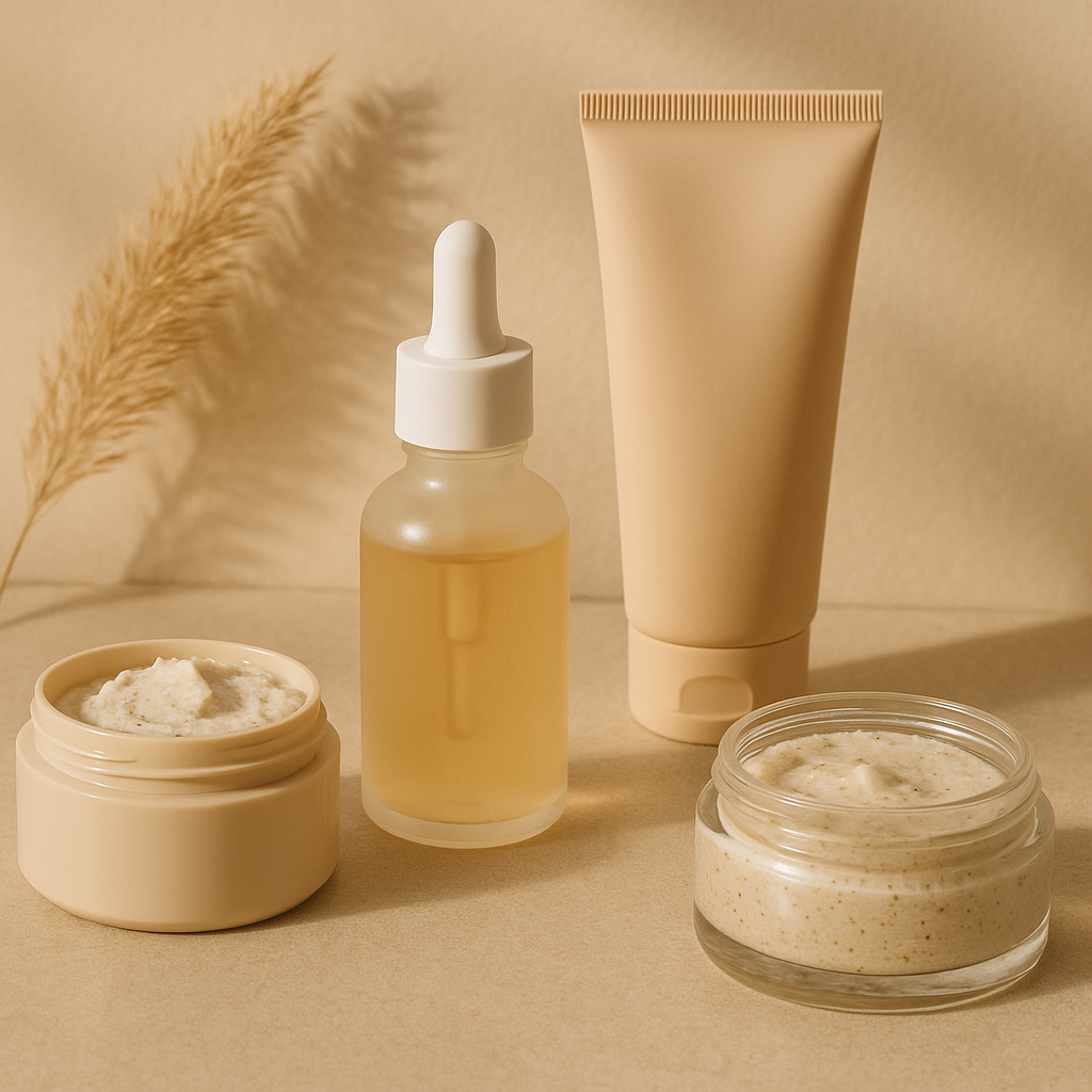 A serene bathroom setting with skincare products featuring exfoliants like Salicylic Acid and Glycolic Acid on a beige countertop with a cotton towel and small mirror, set against a soft beige background.