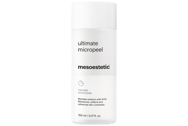 Mesoestetic ultimate micropeel bottle for exfoliation and skin luminosity.