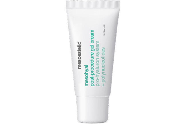White tube of Mesoestetic gel cream with green text.