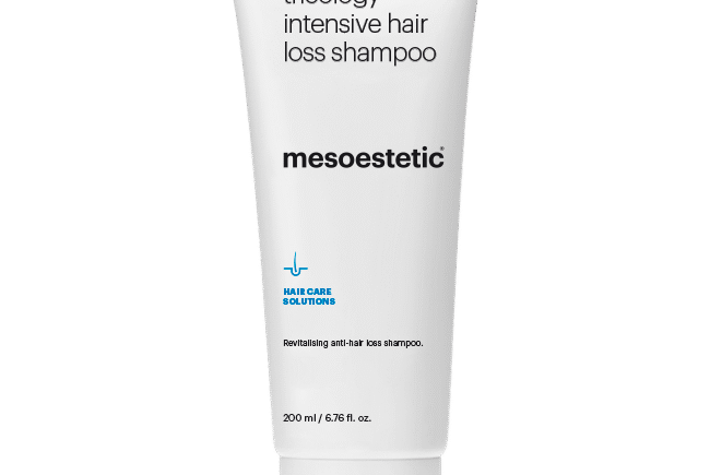 Mesoestetic tricology intensive hair loss shampoo bottle.