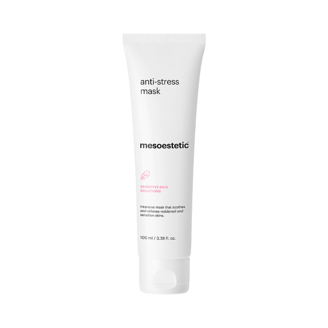 White tube labeled "Mesoestetic Anti-Stress Mask" for sensitive skin.