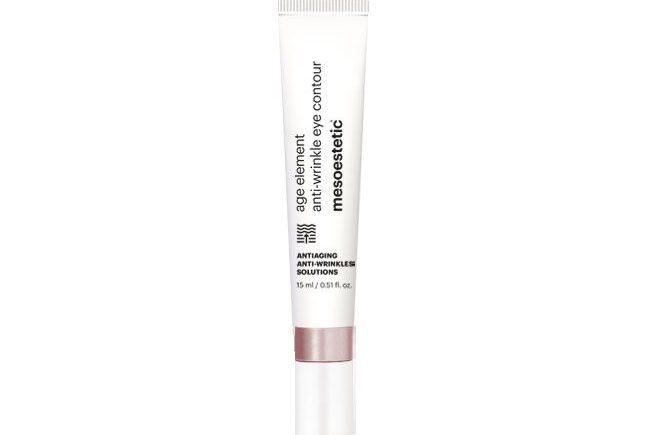Mesoestetic anti-wrinkle eye contour cream in white tube.