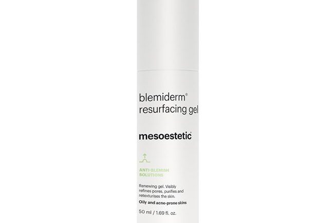 Blemiderm resurfacing gel by Mesoestetic, 50ml bottle.