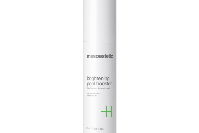 Mesoestetic Brightening Peel Booster skincare bottle on white background.