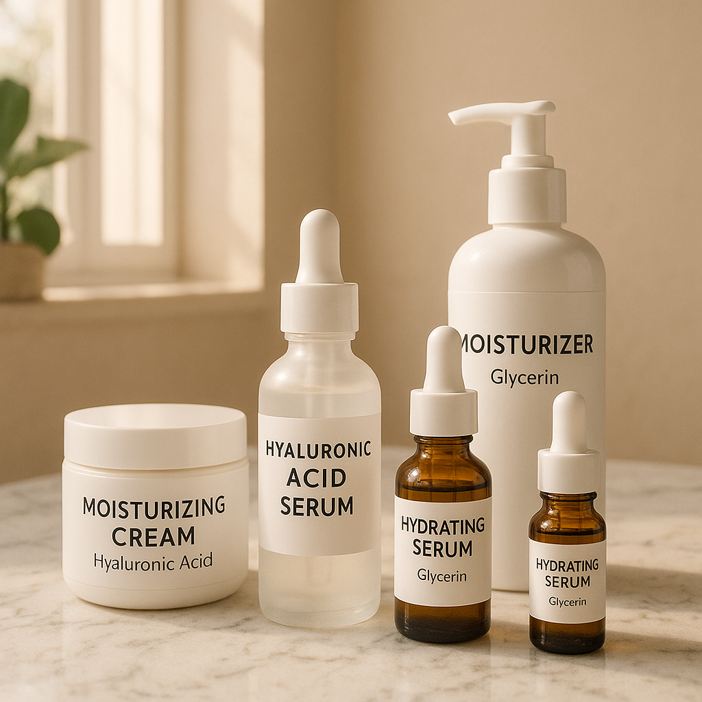 An elegant bathroom vanity showcasing premium skincare products, including retinoid creams and serums, against a beige wall, reflecting a serene and modern ambiance.