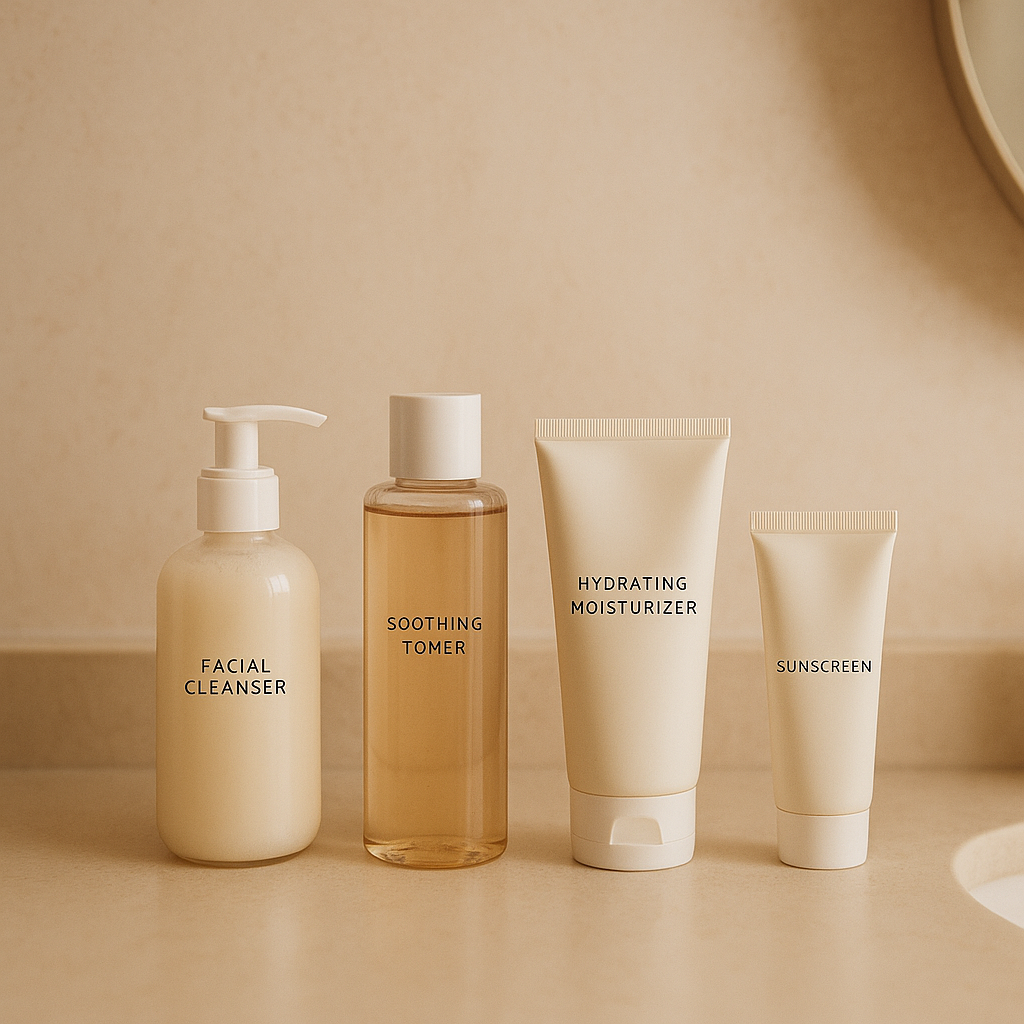 Elegant close-up of skincare products featuring Medik8 Hydr8 B5 Intense serum on a beige backdrop, highlighting luxurious packaging and soft lighting.
