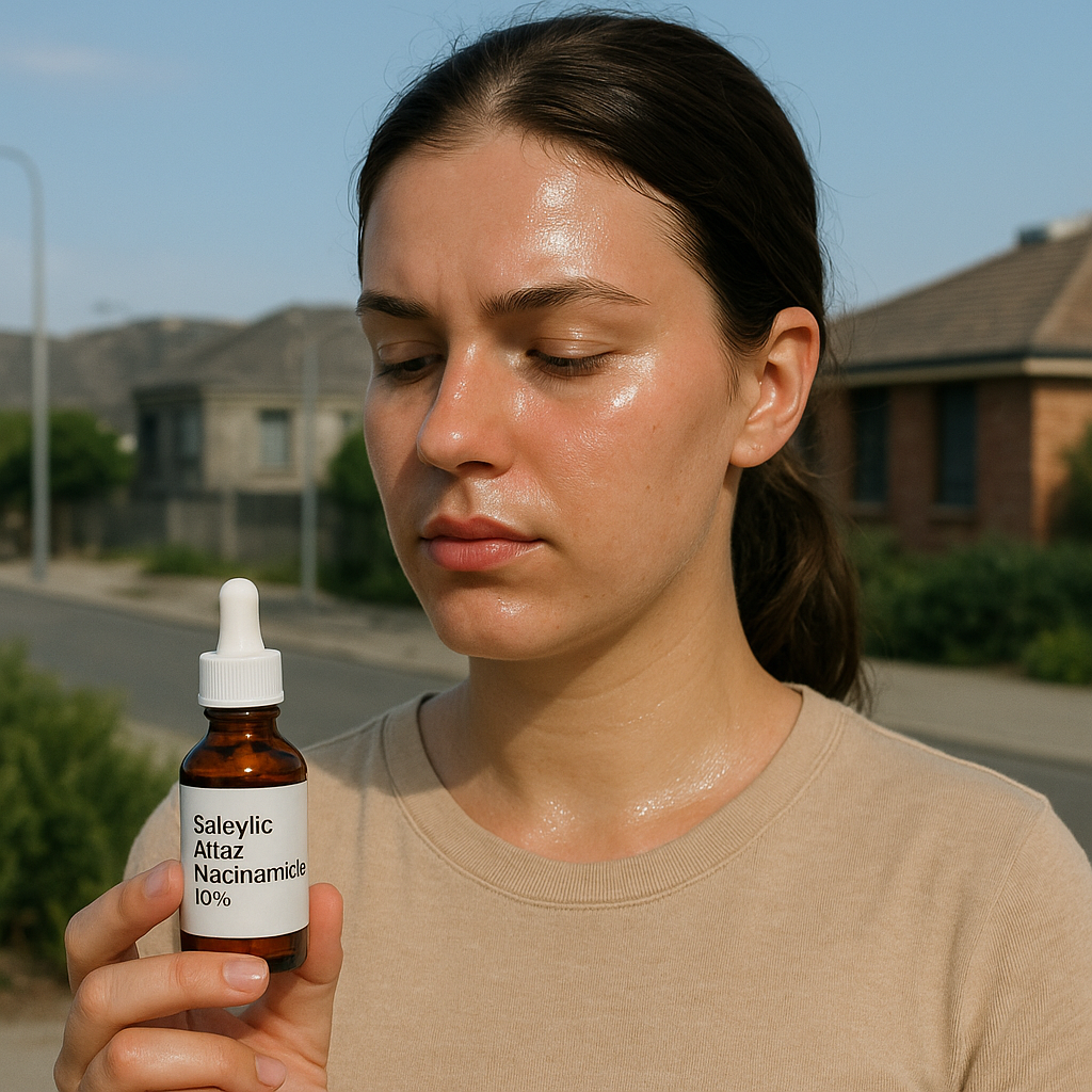 Young person with combination skin in a suburban area of Brabham under a sunny sky, with beige-toned houses and greenery in the background.