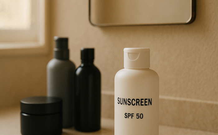 Serene bathroom skincare routine