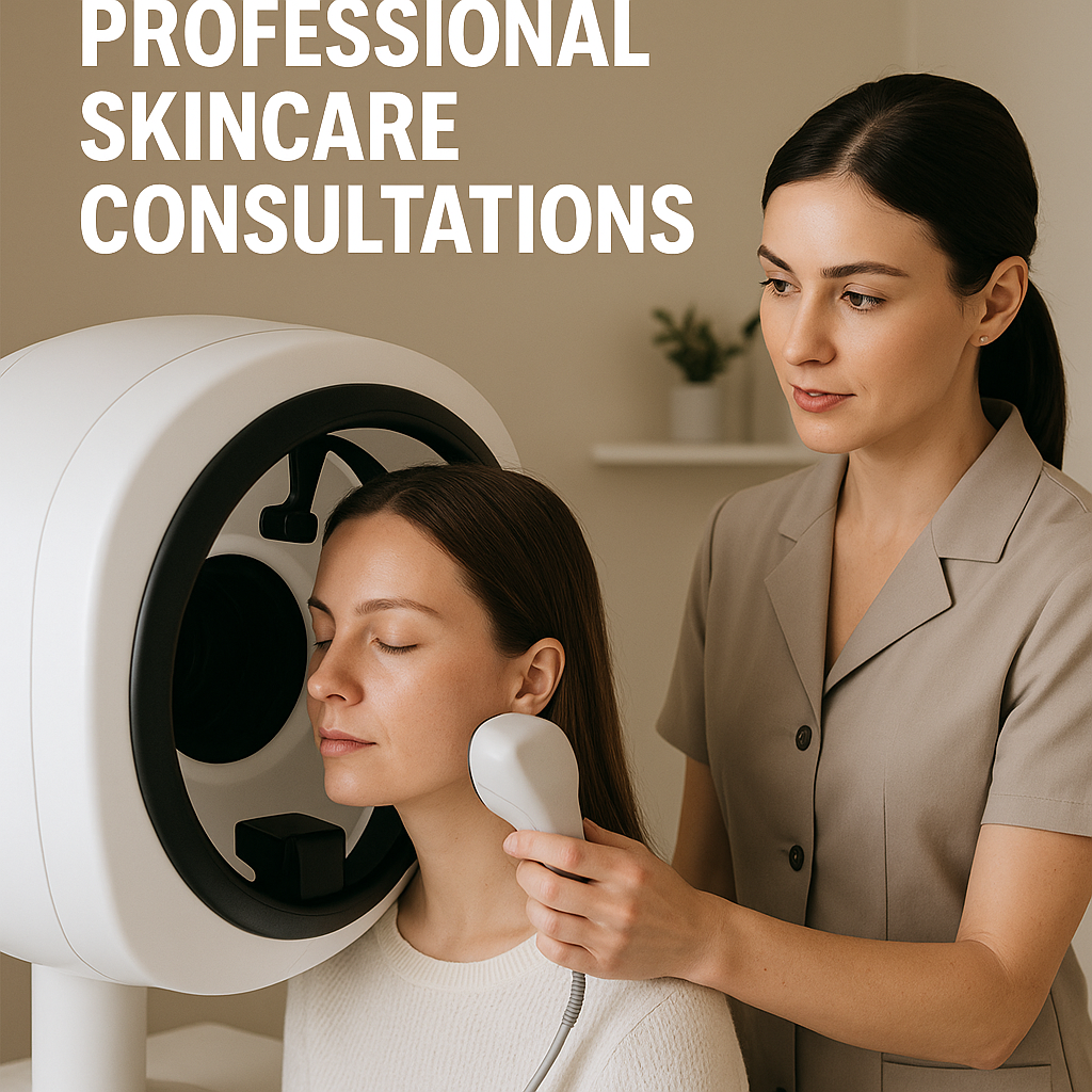 Alt text: A licensed skincare professional conducts an advanced skin analysis using a sophisticated skin imaging device in a well-decorated skincare consultation room, engaging with a client amidst an inviting atmosphere created by natural, soft lighting.
